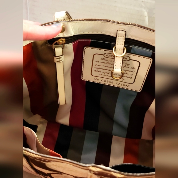 Coach Signature C Shoulder Tote Bag w/ Satin Stripe & Leather Trim 14" X 10" - Picture 11 of 14